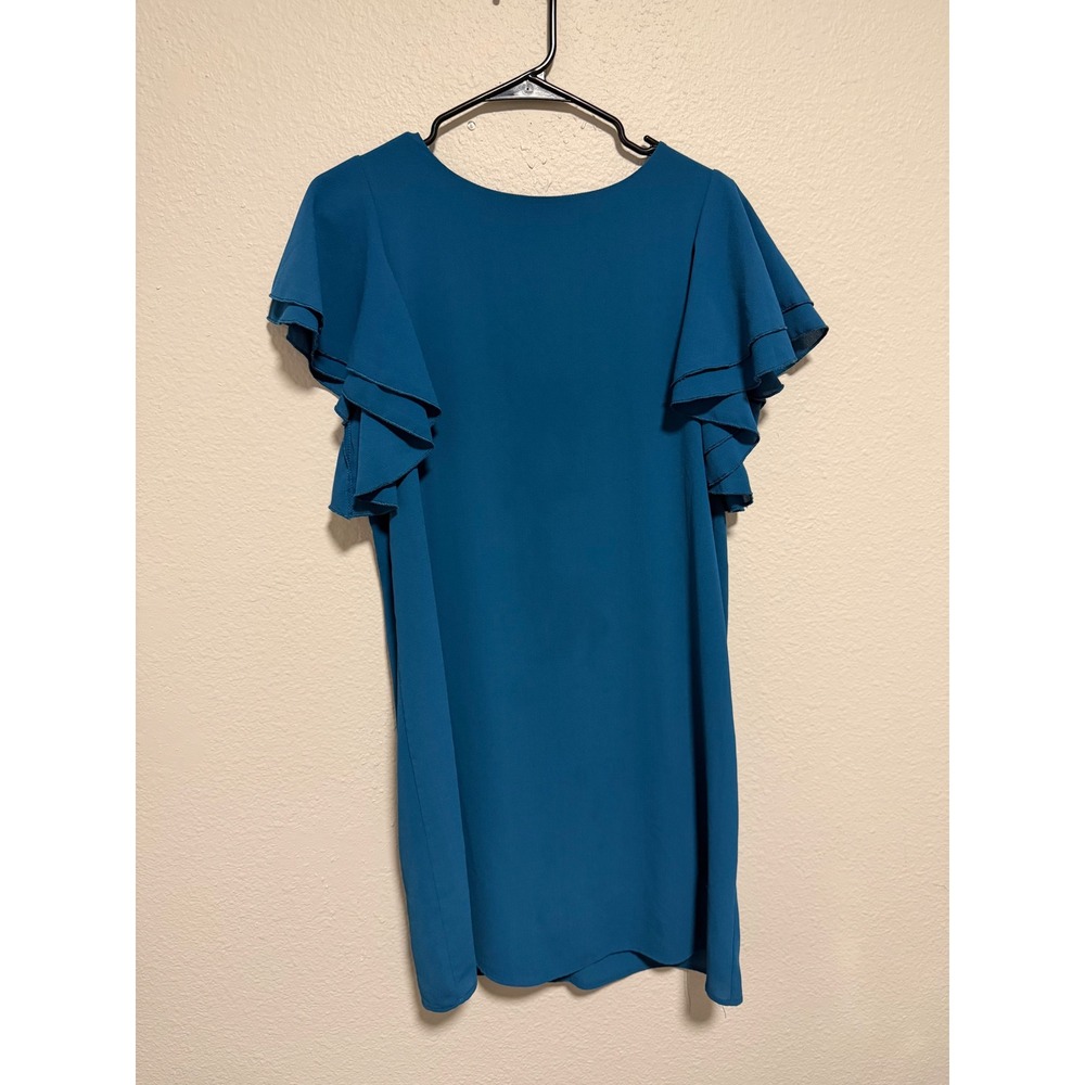 Miami Teal Blue Ruffle Sleeve Shift Mini Dress Womens Size Medium Made in USA